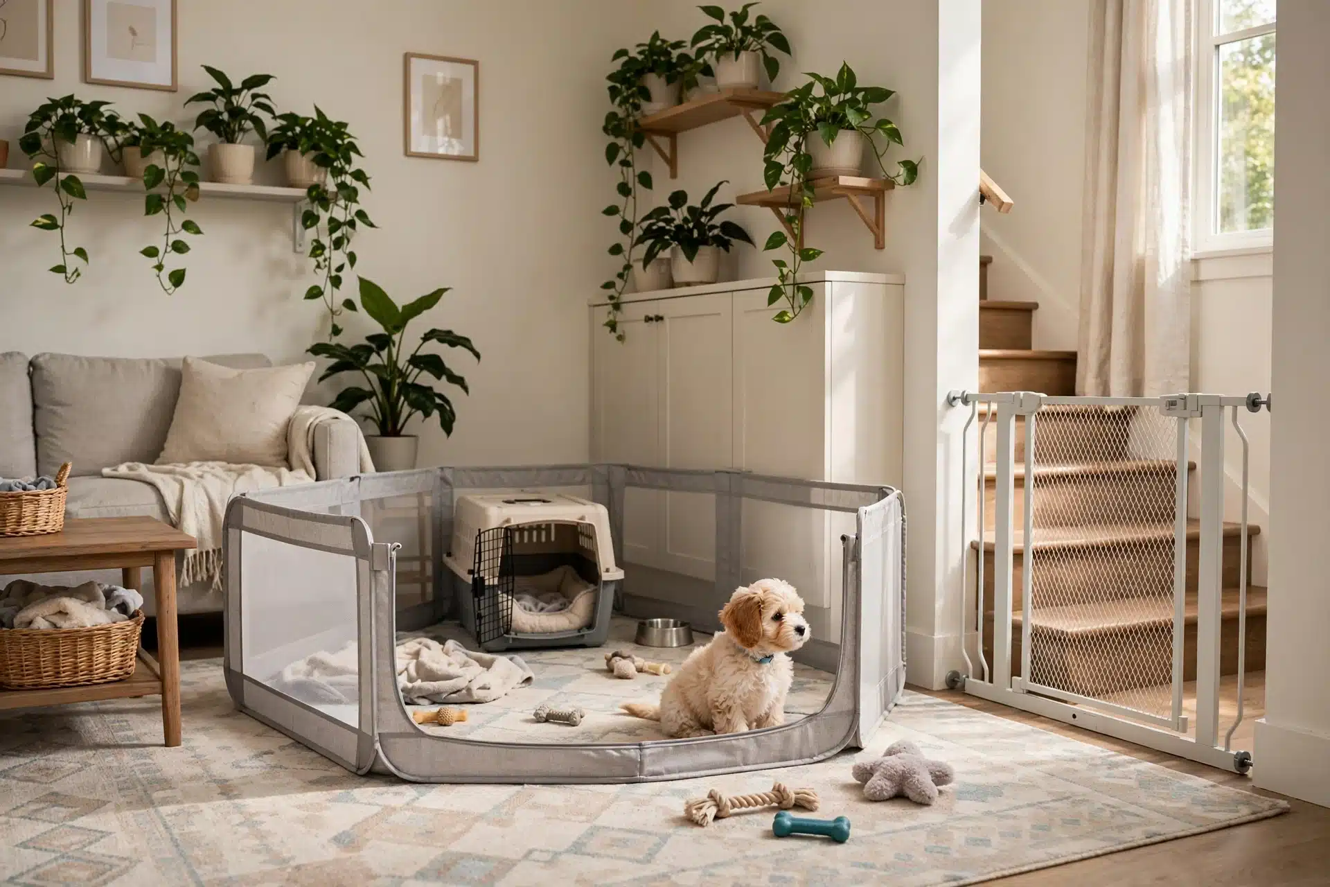 Puppy-proofed living room with crate, playpen, stair gate, and washable rug