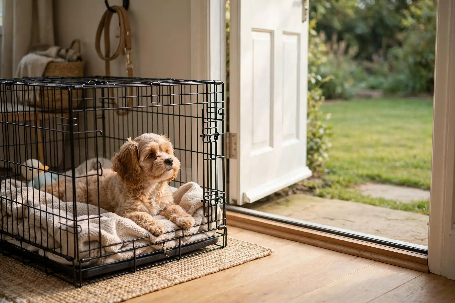 Cavapoo puppy waking beside an open doorway