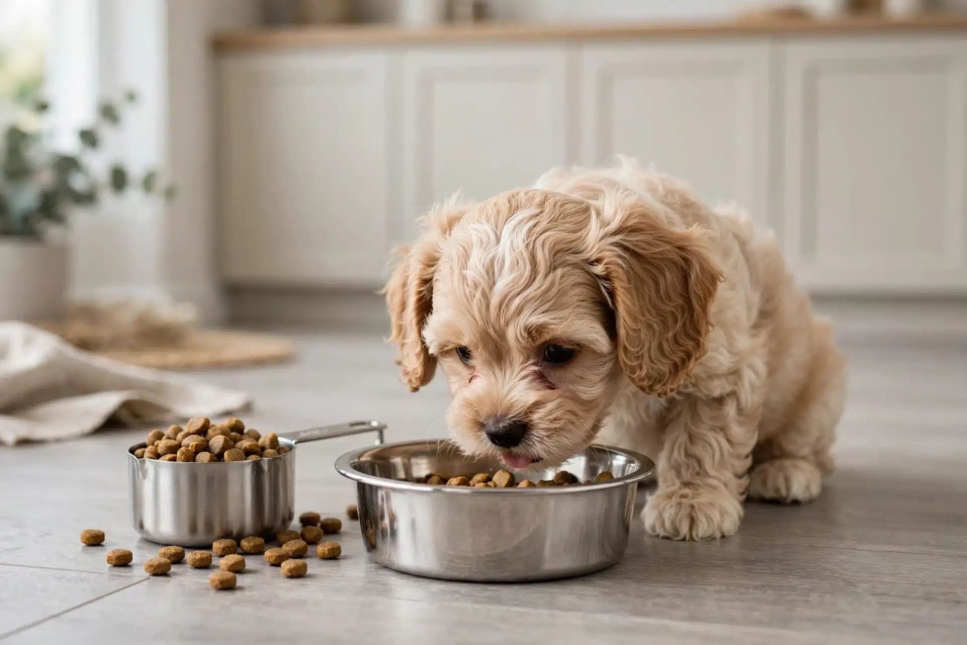 Cavapoo puppy eating from a steel bowl