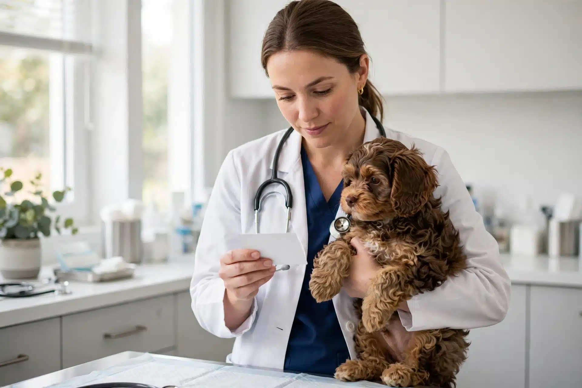 Veterinarian gently holds a Cavapoo puppy in a bright exam room