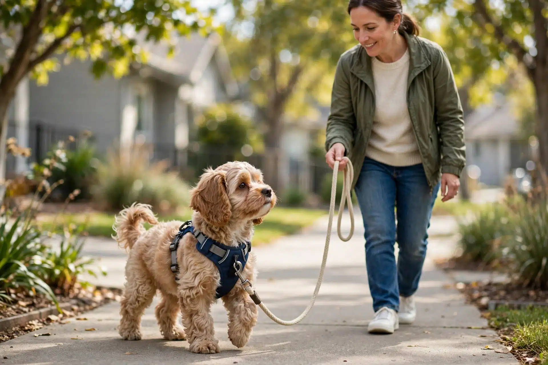 Cavapoo puppy walking calmly on a slack leash