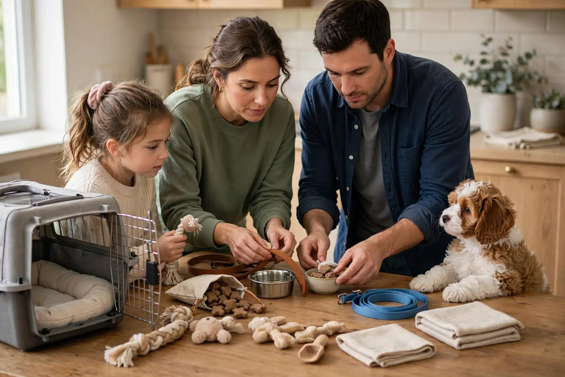 Family laying out Cavapoo puppy training supplies