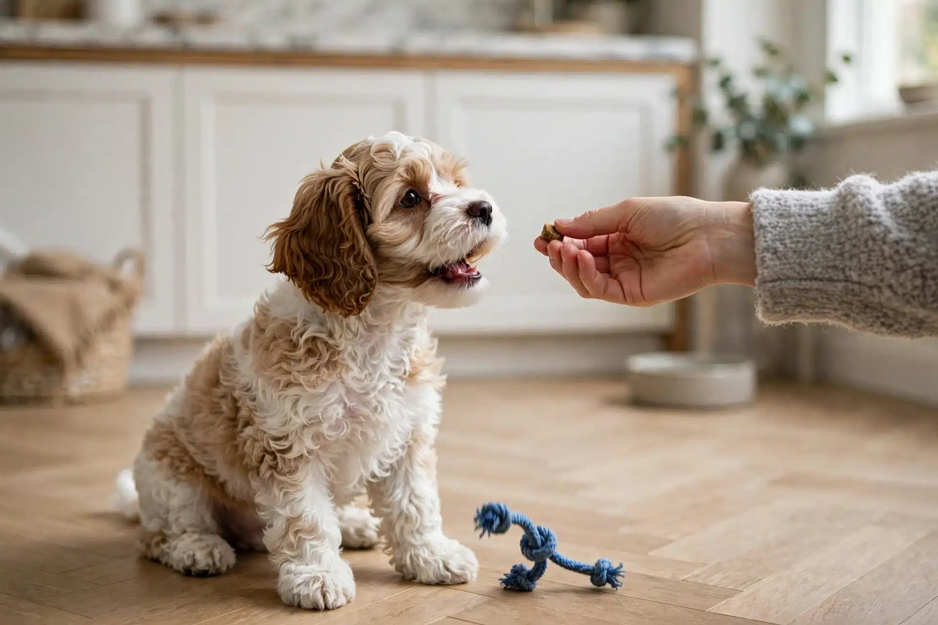 Cavapoo puppy trading a rope toy for a treat
