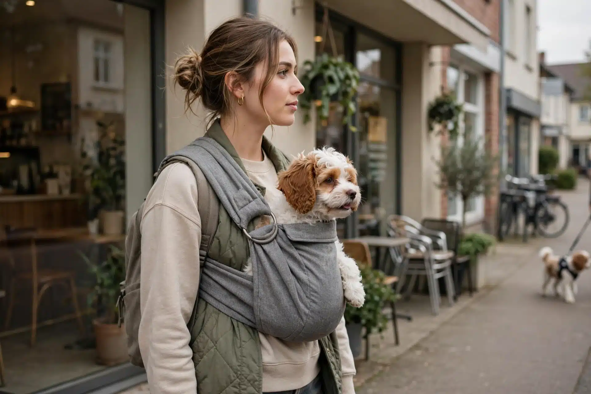 Cavapoo puppy carried past a quiet storefront