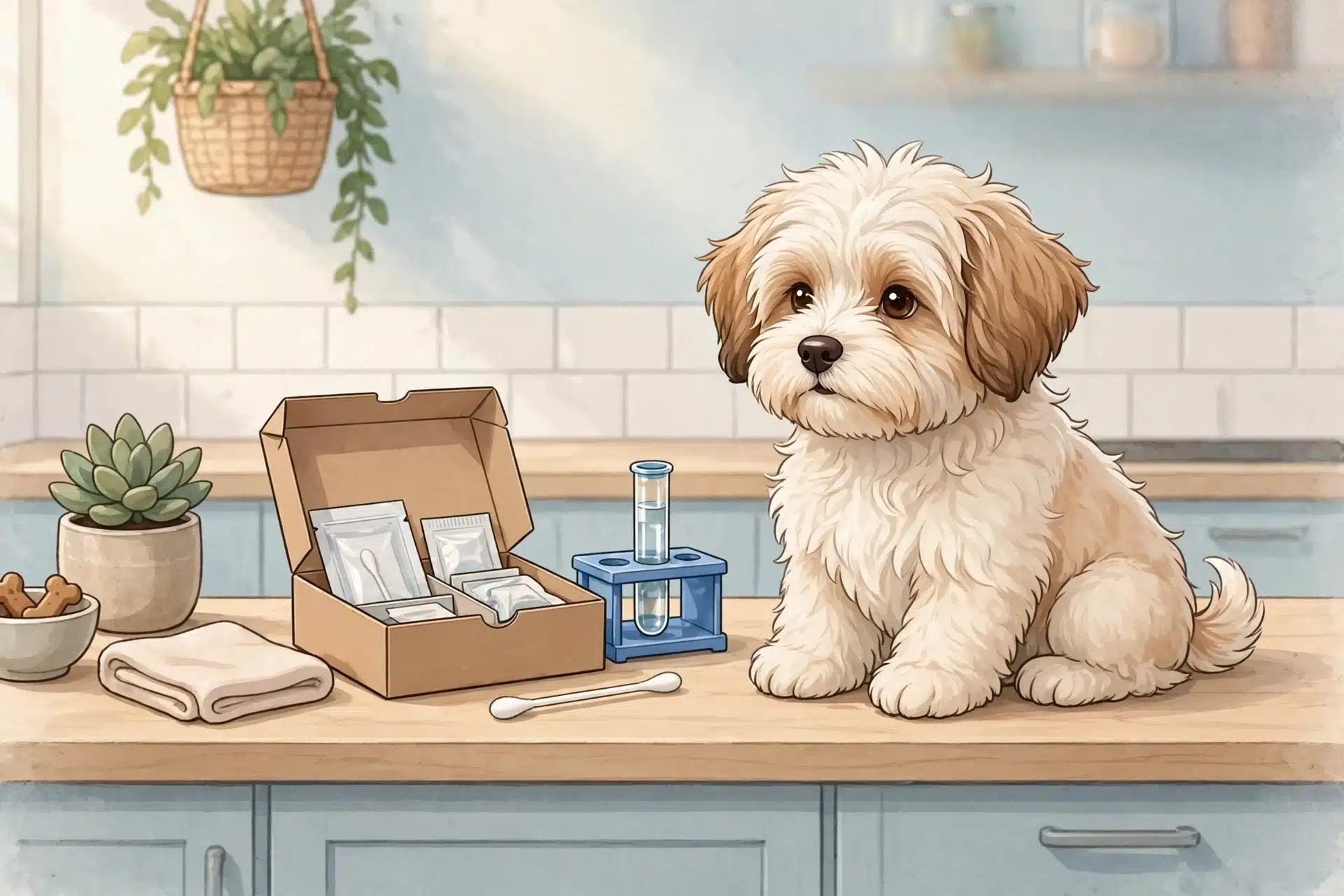 Havanese puppy beside a cheek swab DNA kit on a kitchen counter