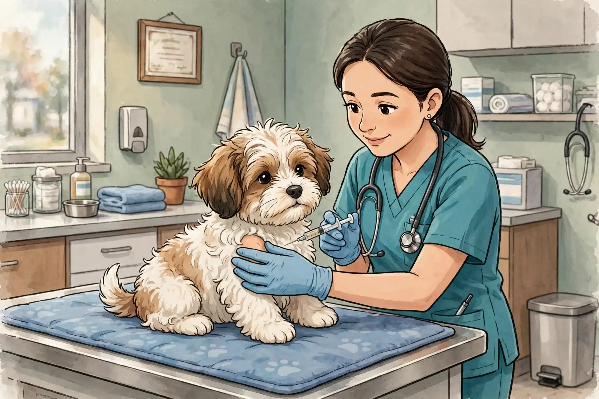 Veterinarian gently vaccinating a Havanese puppy
