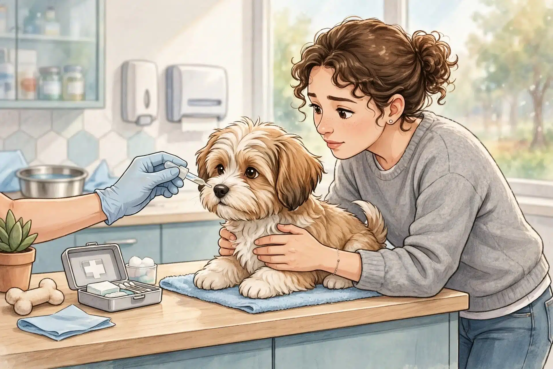 Veterinarian administering nasal vaccine to Havanese puppy