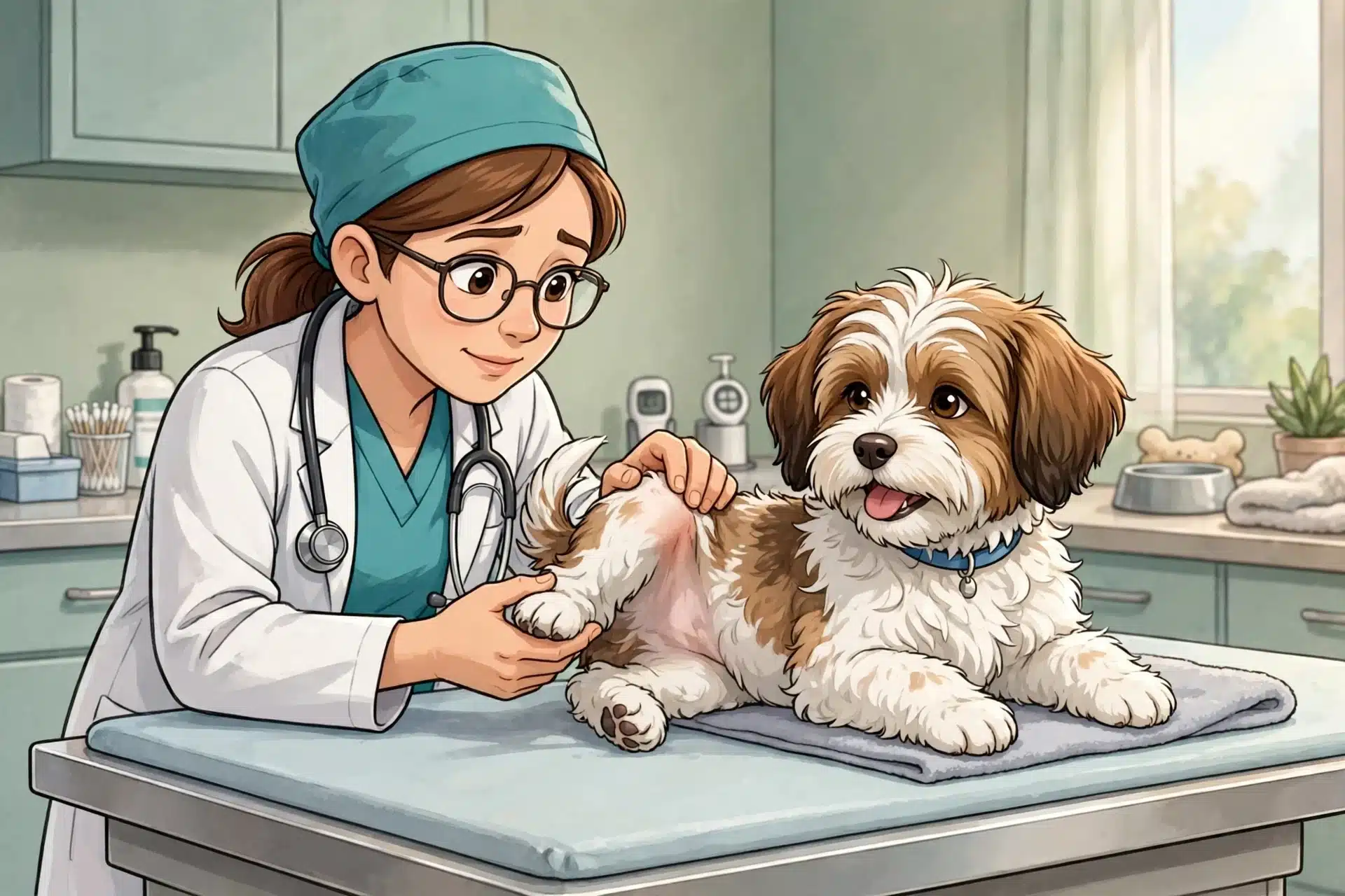 Veterinarian checks Havanese puppy’s hind knee