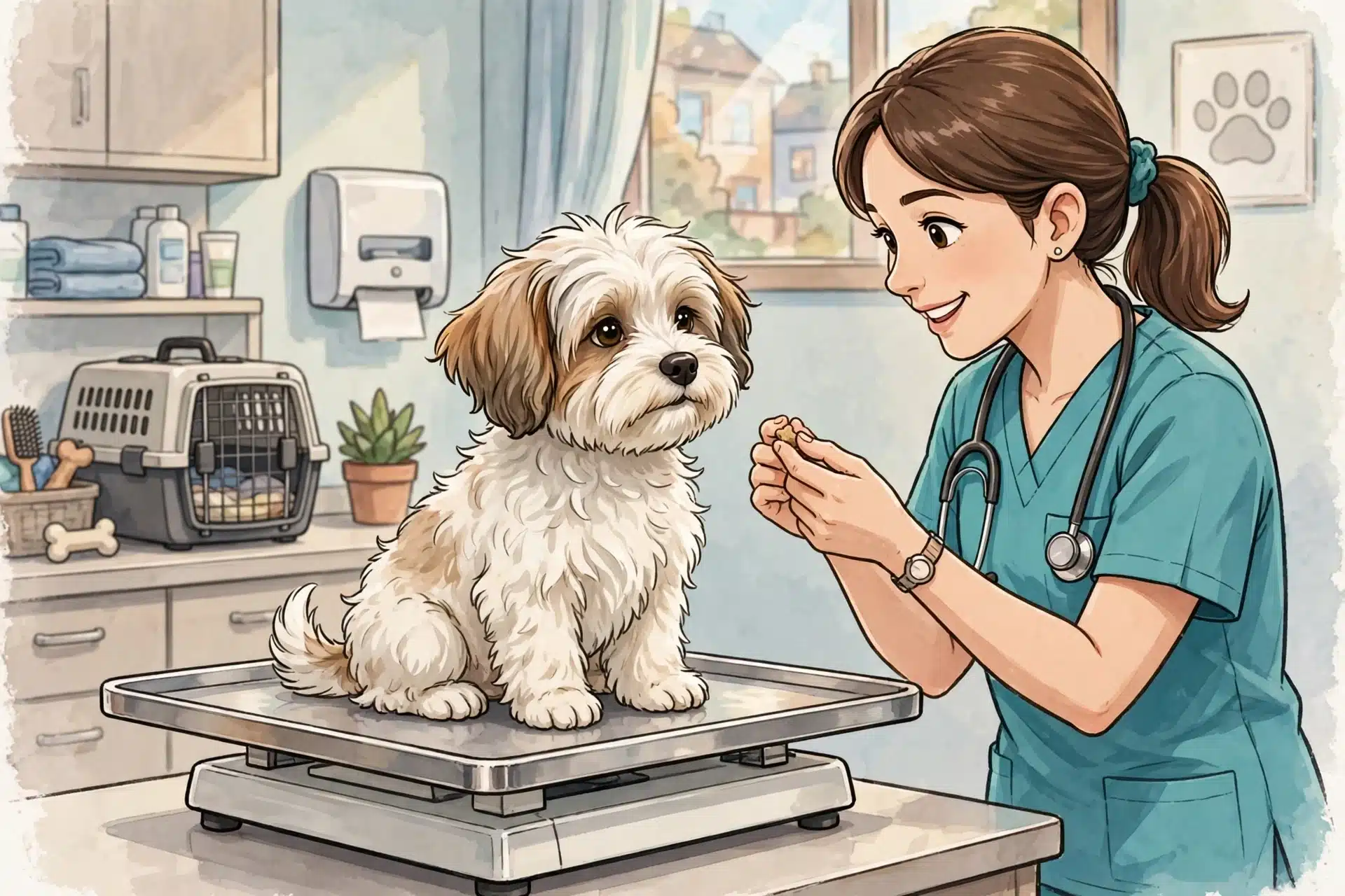 Havanese puppy calmly weighed during a veterinary wellness check