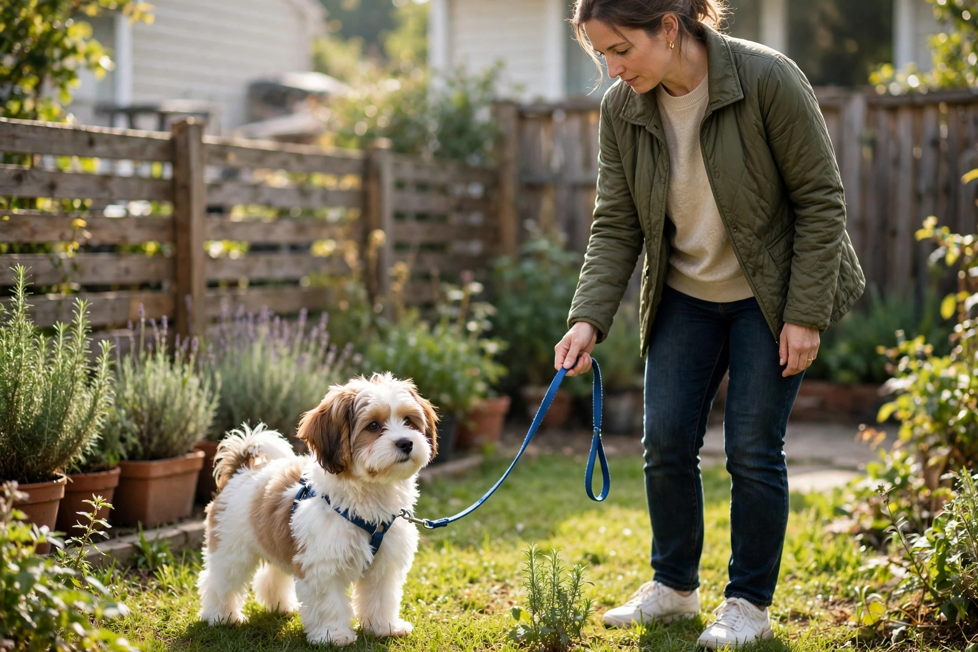 Havanese puppy on leash in sunny backyard