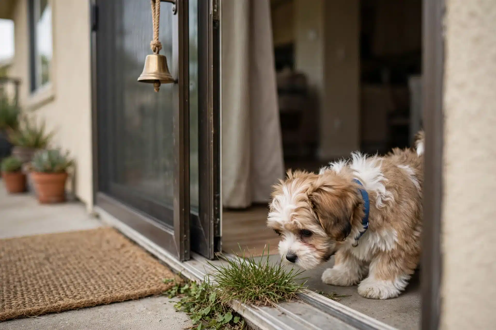 Havanese puppy sniffs grass near patio door bell