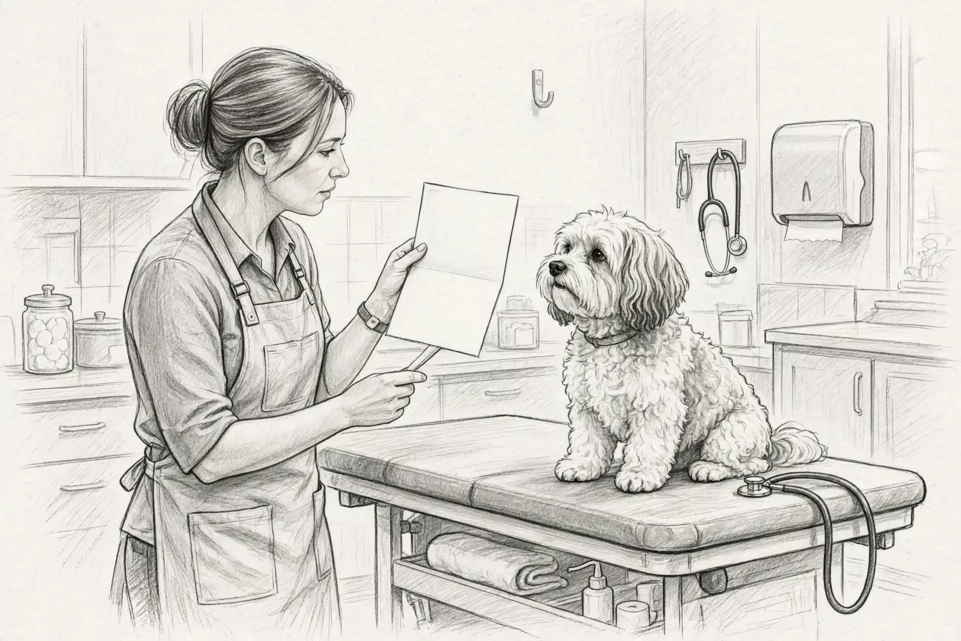 Breeder holds canine health certificate beside Havanese at clinic