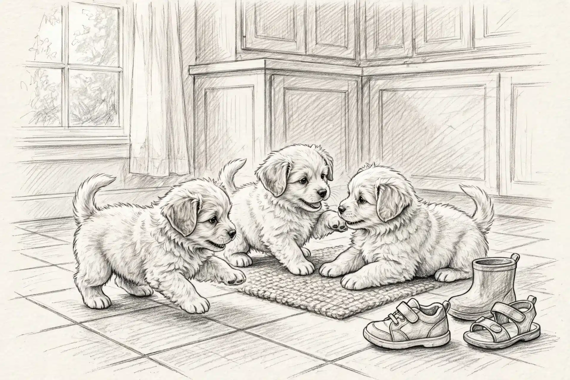 Three fluffy puppies play beside children’s shoes