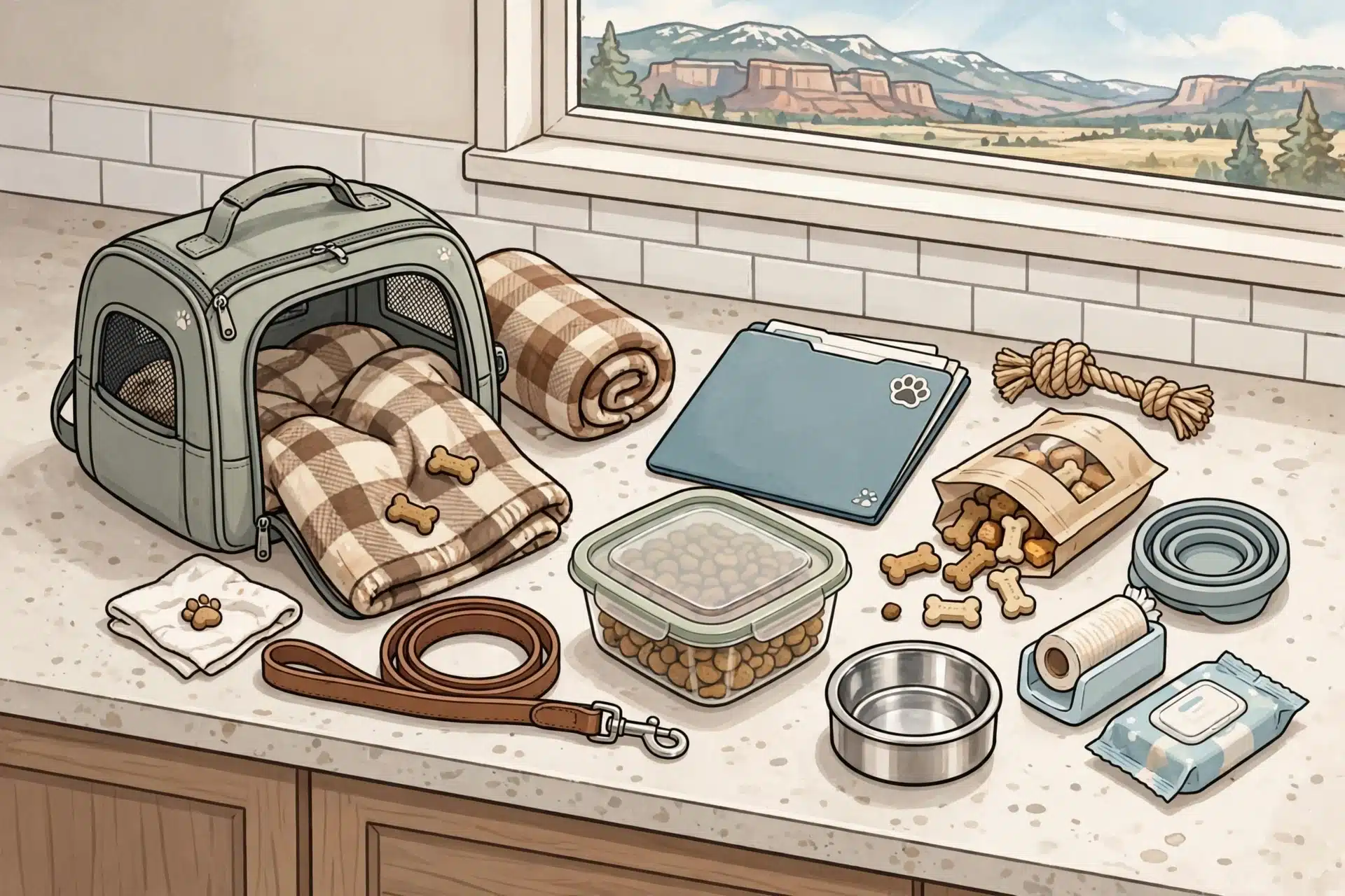 Packed puppy go-home kit on kitchen counter
