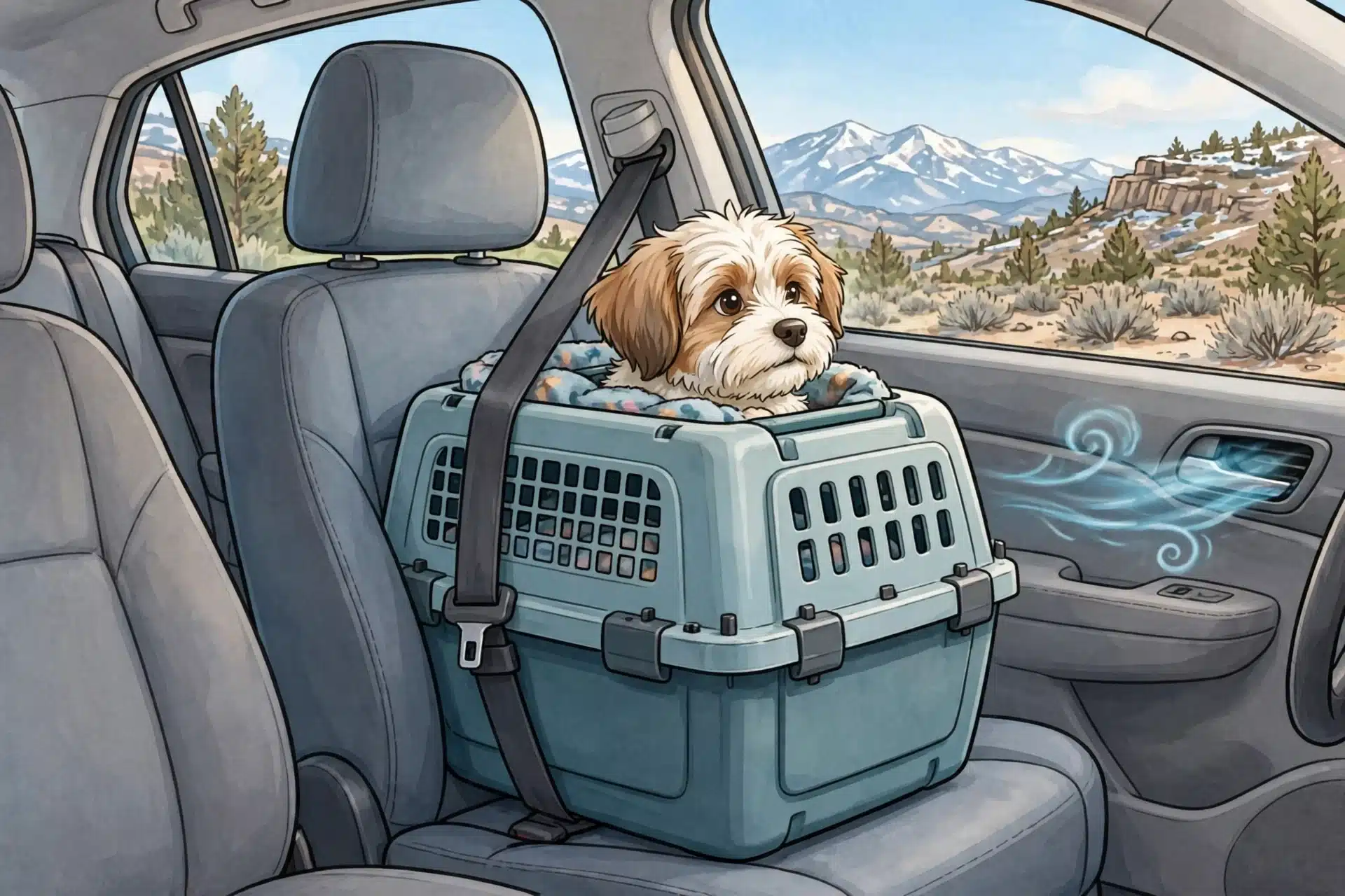 Havanese puppy peeks from a secured carrier in a car back seat