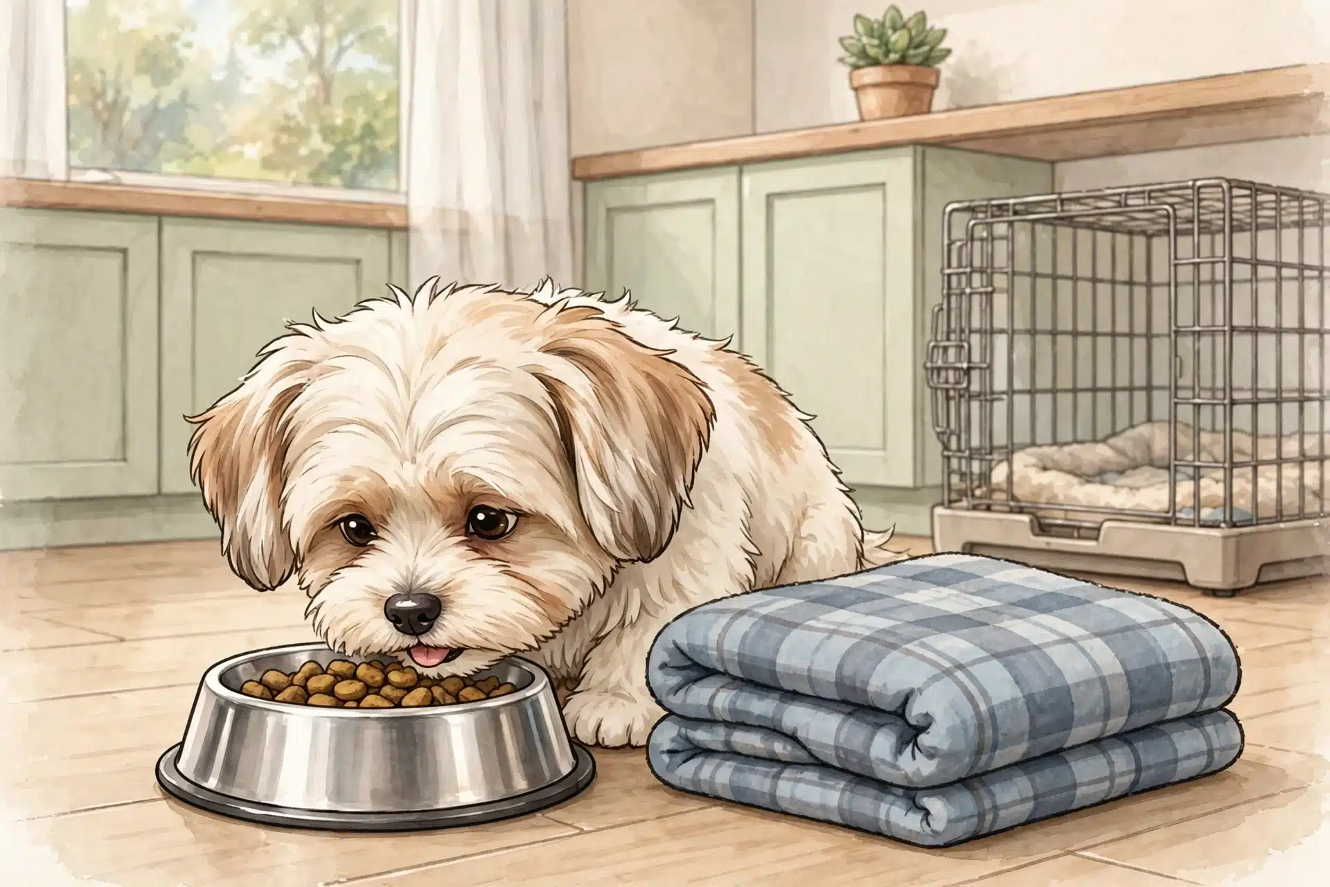 Havanese puppy eating from a steel bowl beside a folded crate blanket
