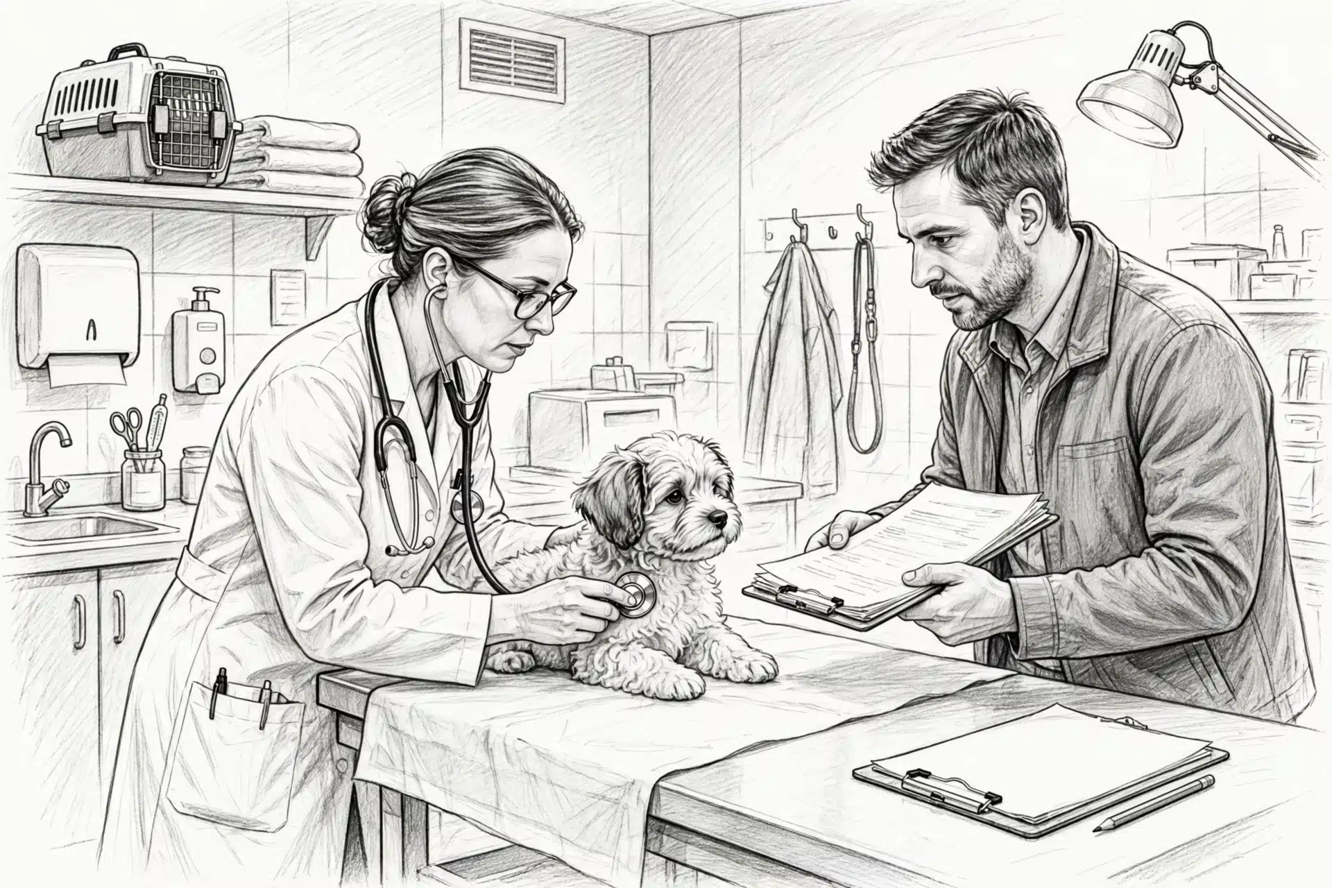 Veterinarian examining a Havanese puppy beside health records