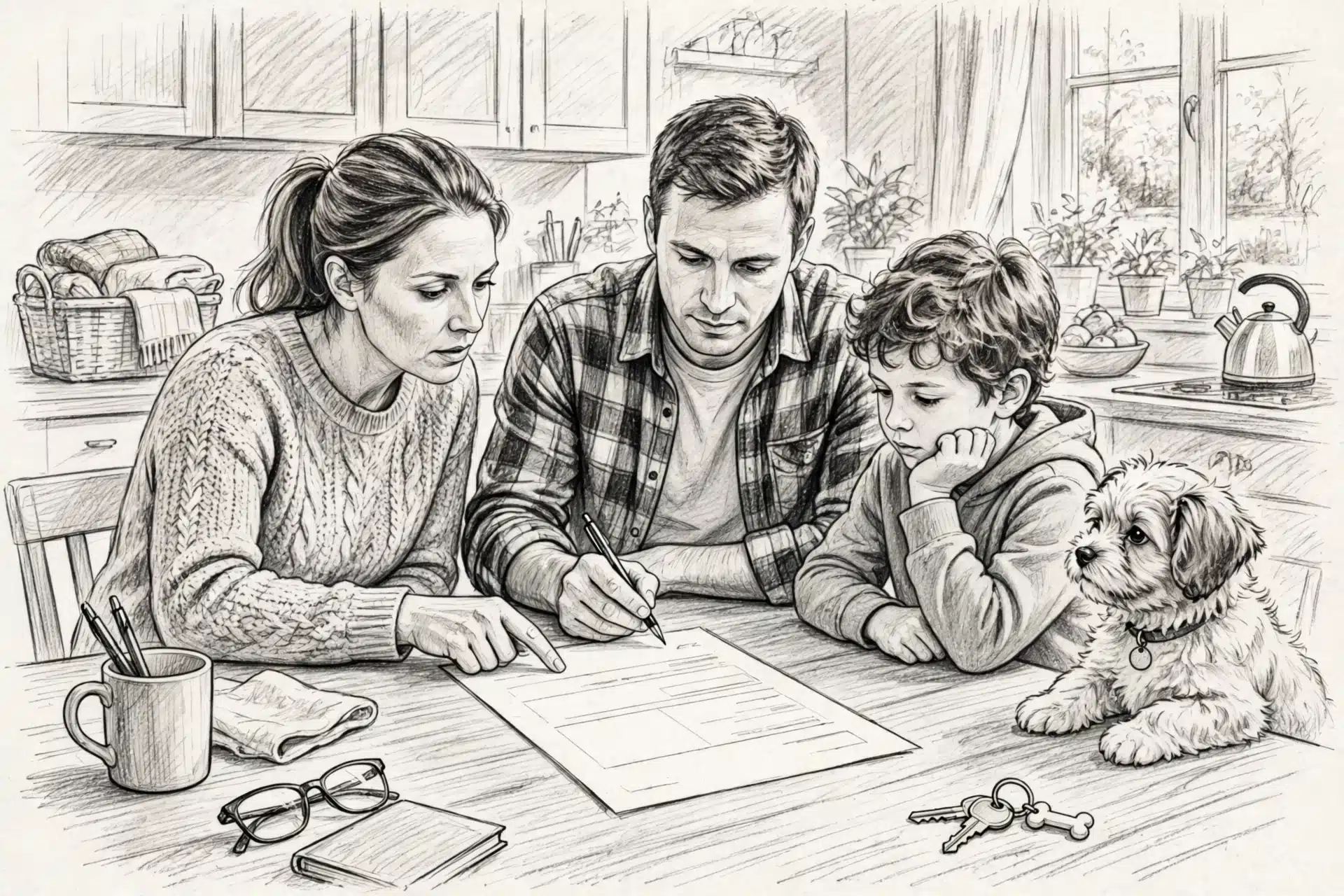 Family reviews puppy purchase contract at kitchen table