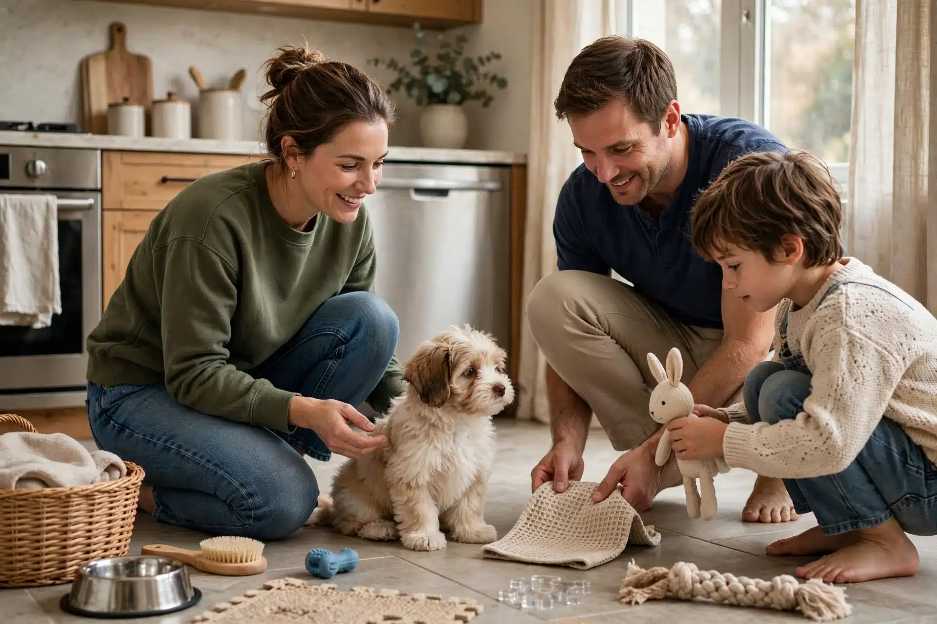 Family introduces Havanese puppy to household sights