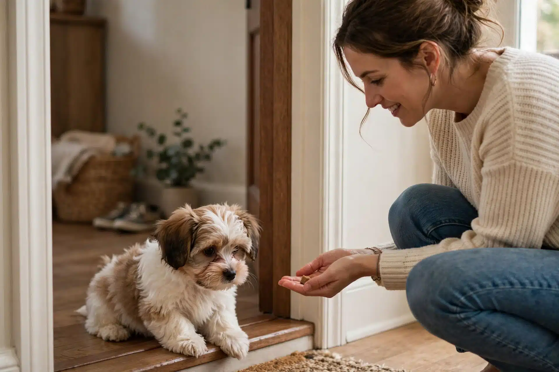Havanese puppy hesitates at a doorway as its owner offers a treat