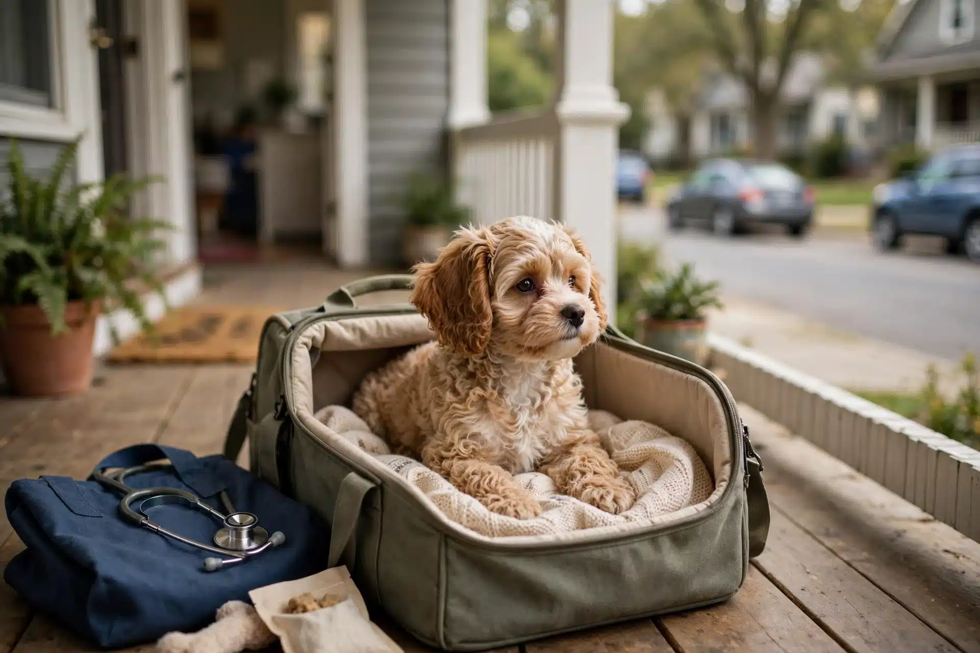 Cavapoo puppy observing traffic from a porch carrier