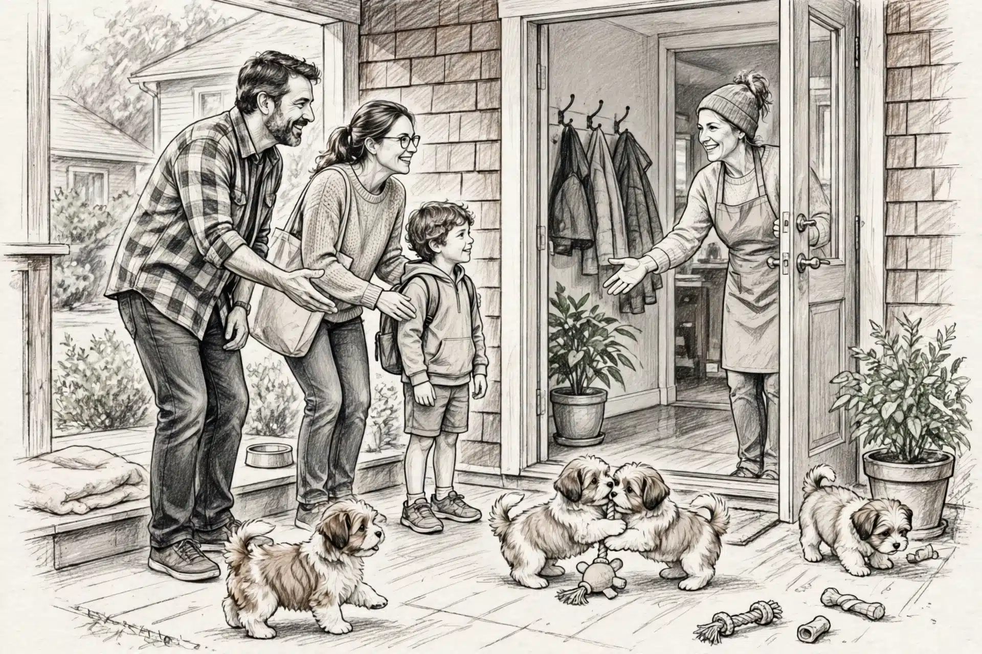 Family greets breeder at the front door