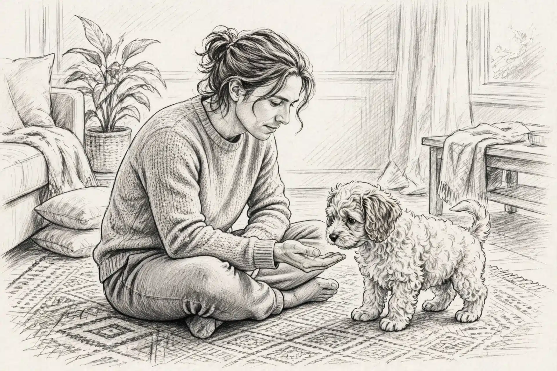 Person calmly greeting a curious Havapoo puppy indoors