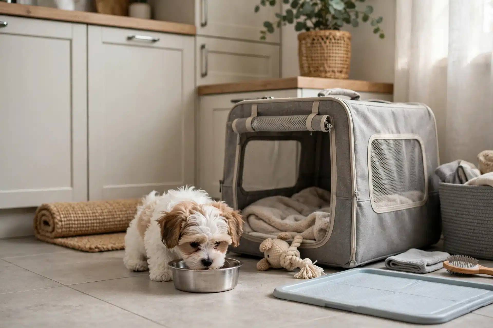 Havanese puppy eating beside a soft crate