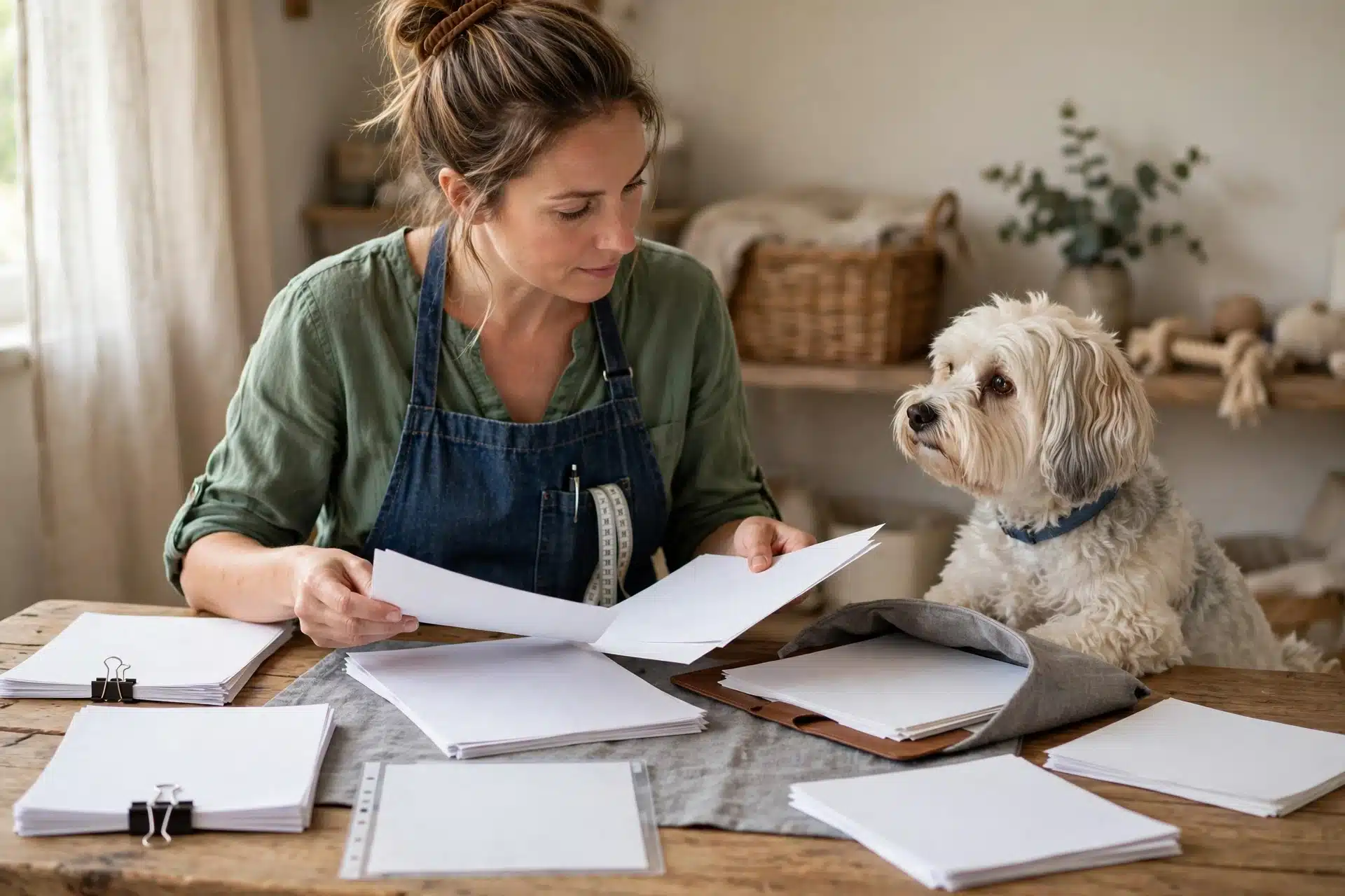 Breeder organizes puppy health records beside a Havanese