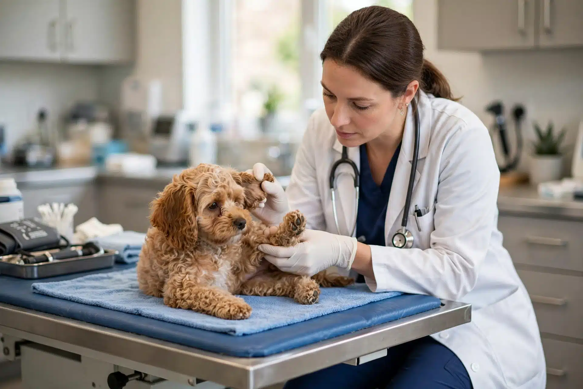 Veterinarian examining a Cavapoo puppy’s knees and ears