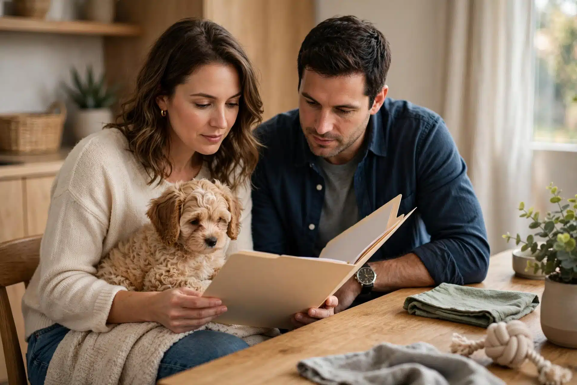 Family reviewing puppy vaccination records at home