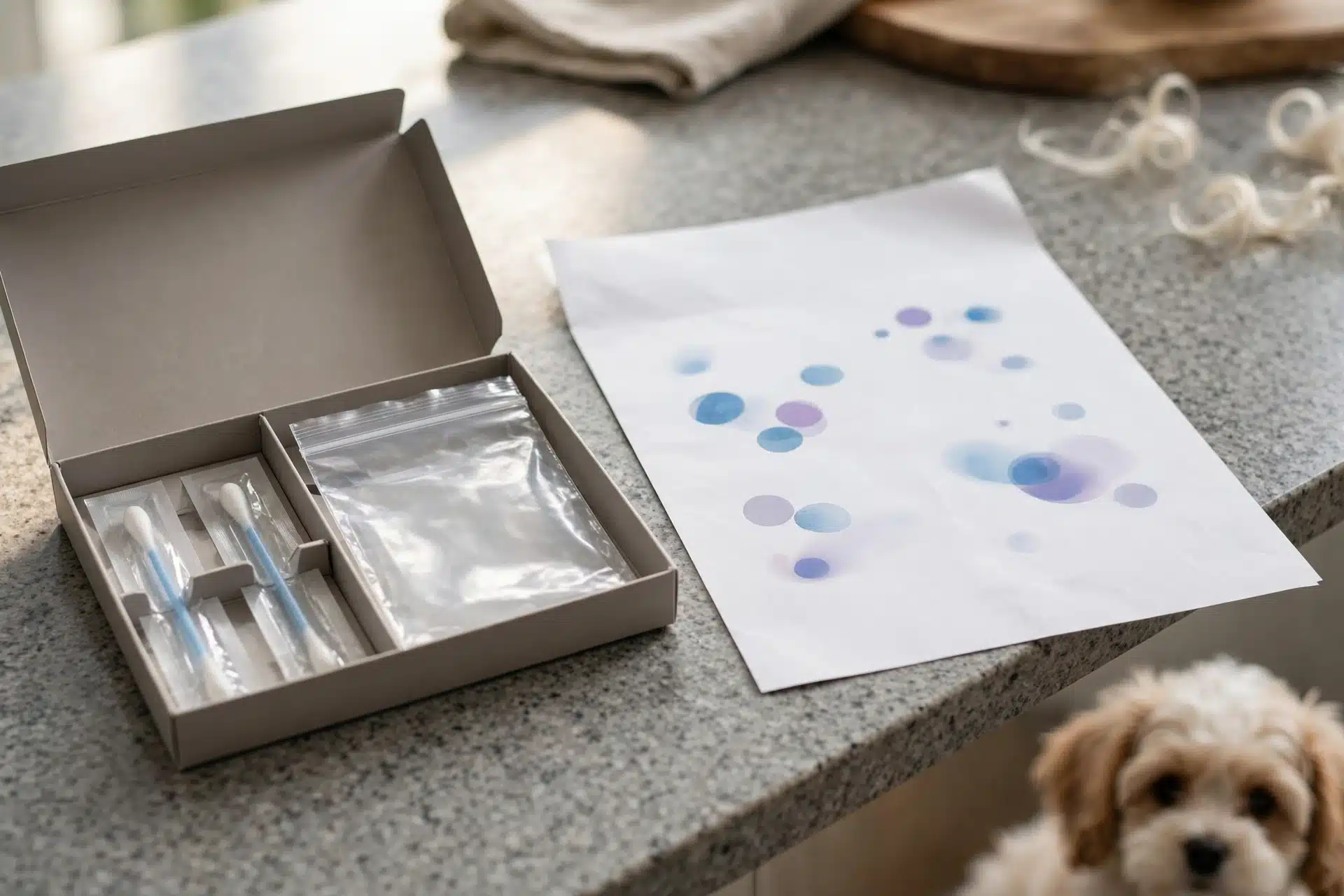 Dog DNA swab kit beside report