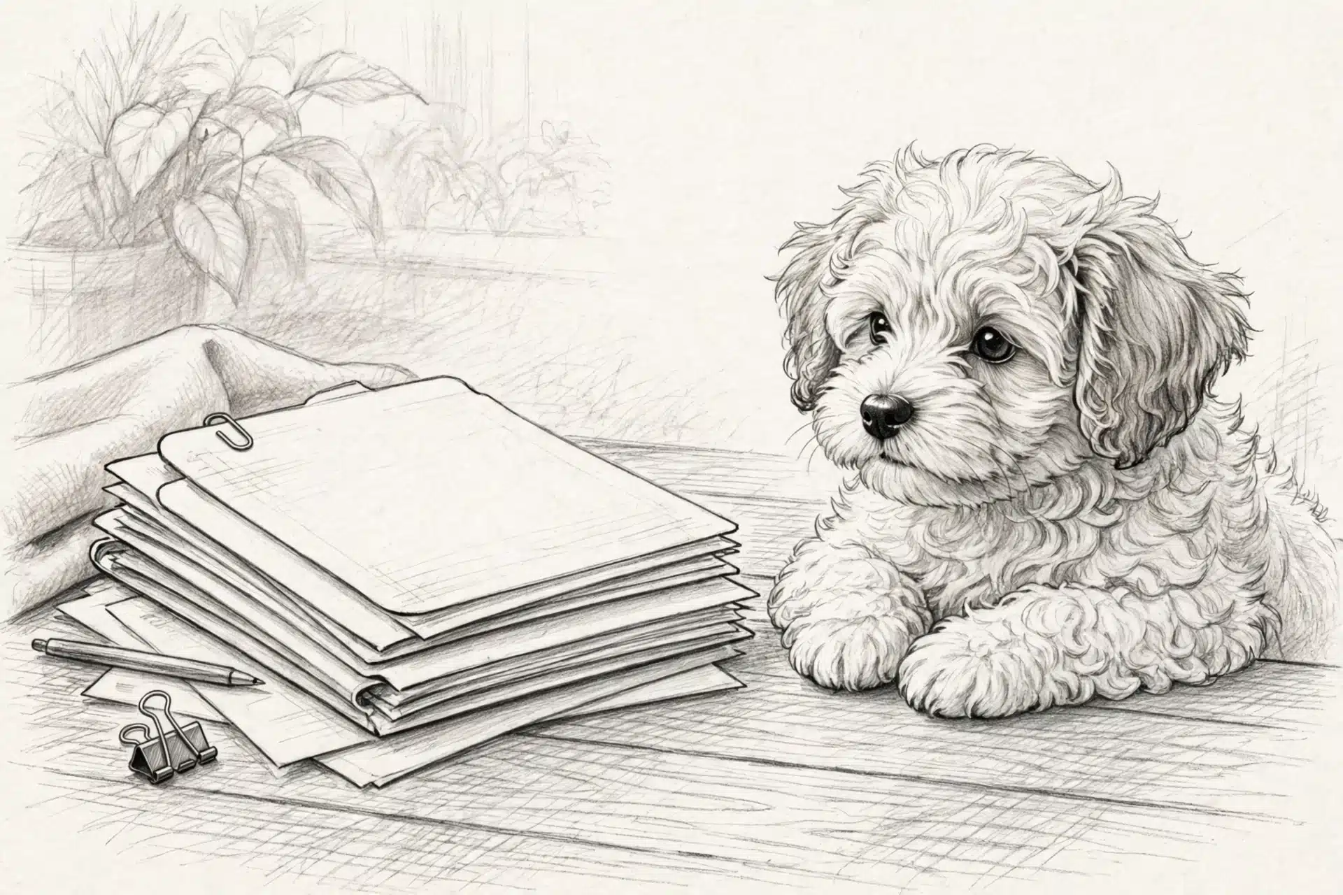 Veterinary health documents beside a Havanese puppy