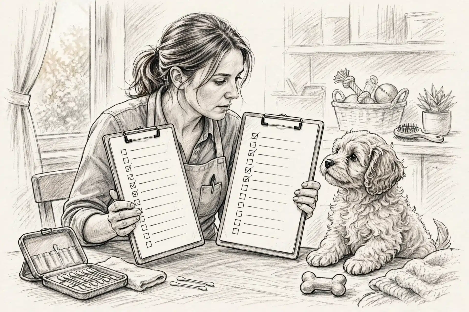 Breeder compares canine DNA checklists beside a Havapoo puppy