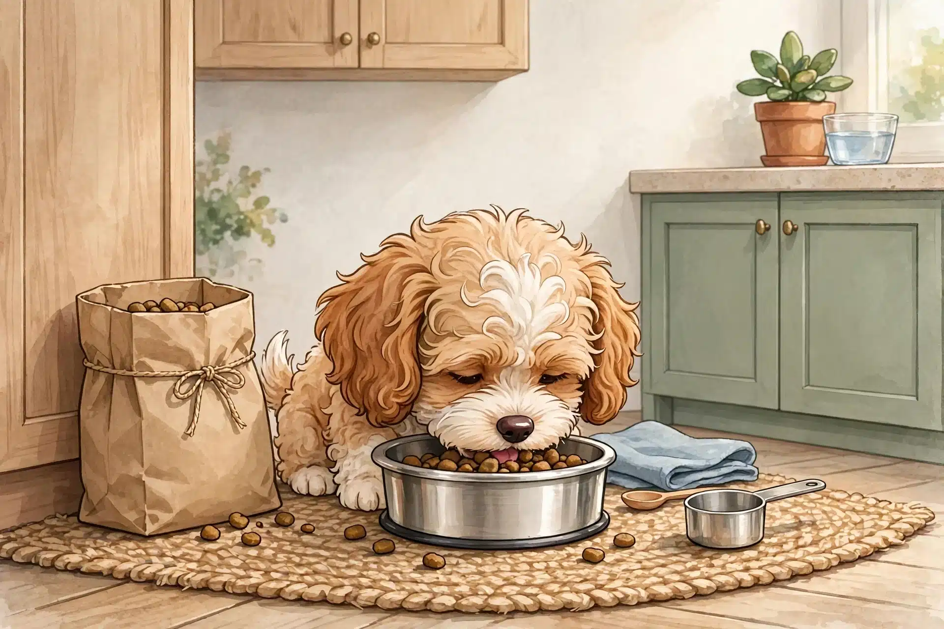 Cavapoo puppy eating kibble from a steel bowl