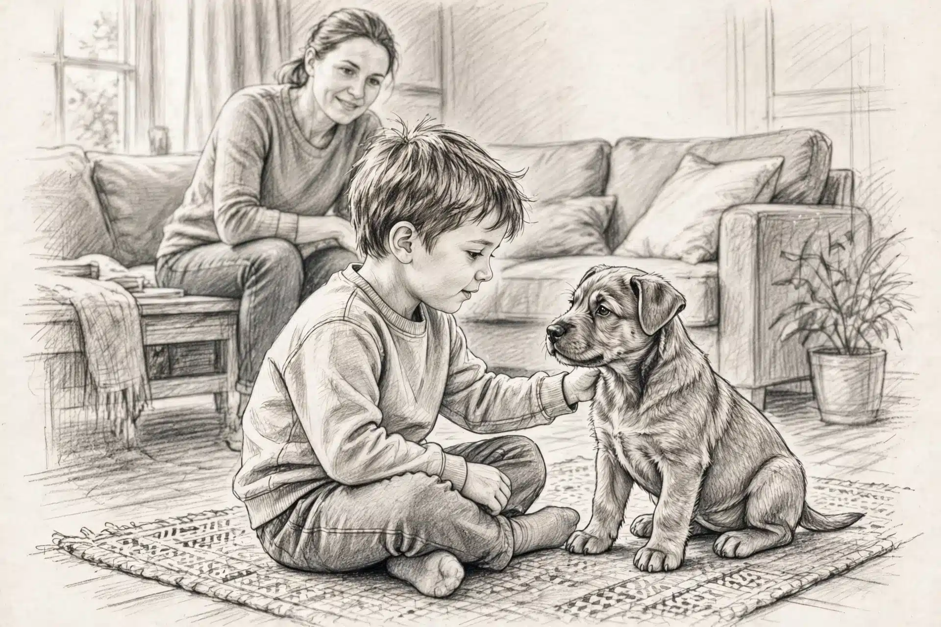 Child pets sturdy puppy under adult supervision
