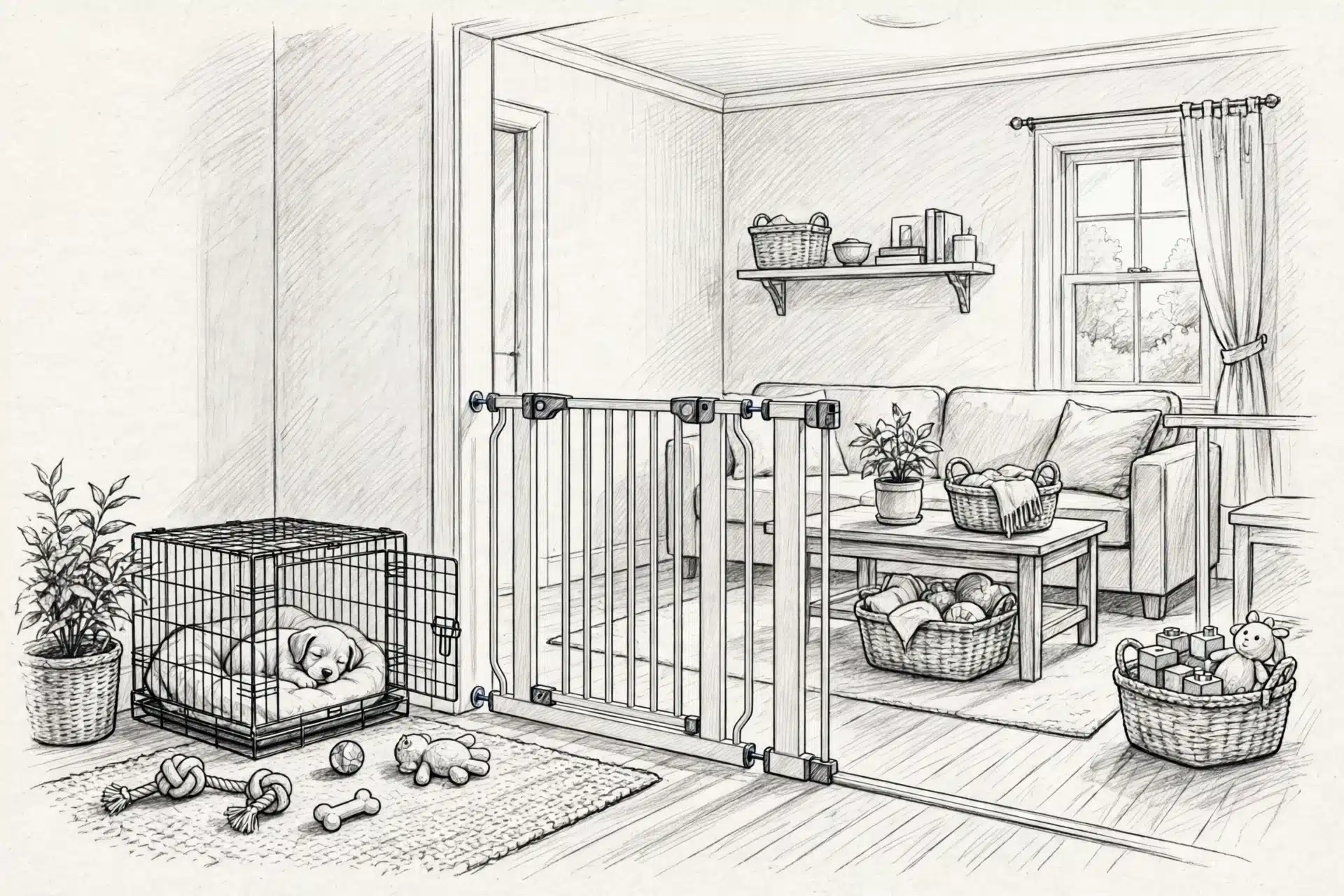 Baby gate securing a puppy play area in a living room