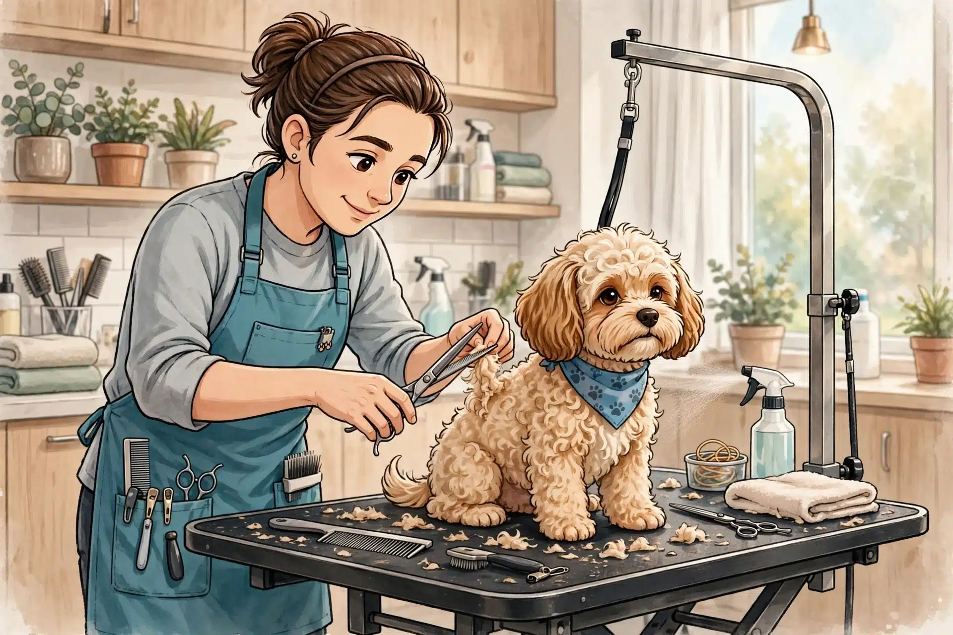 Groomer trimming a Cavapoo puppy in a bright salon