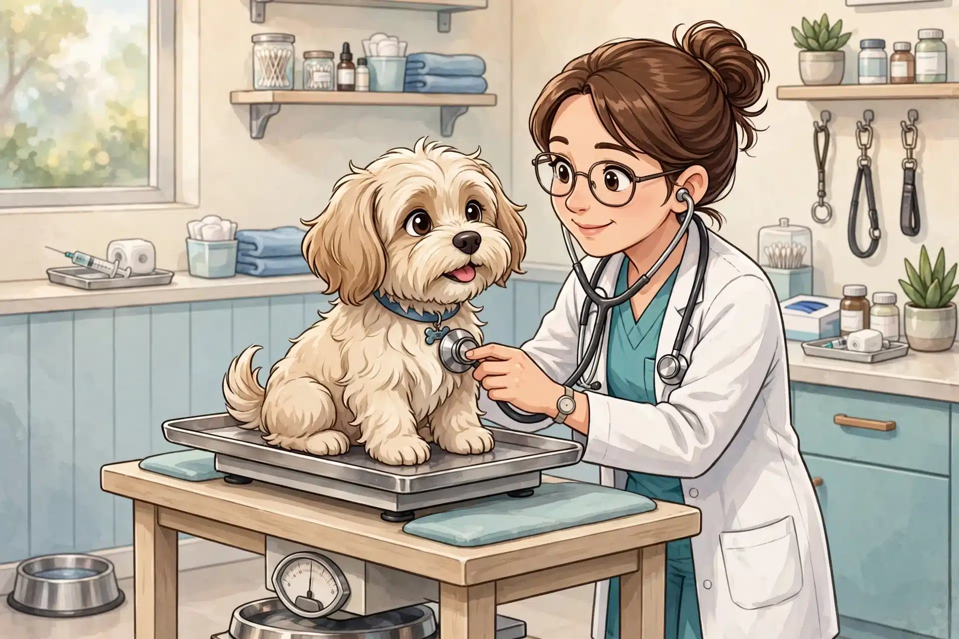 Veterinarian weighing a Havapoo puppy on a clinic scale