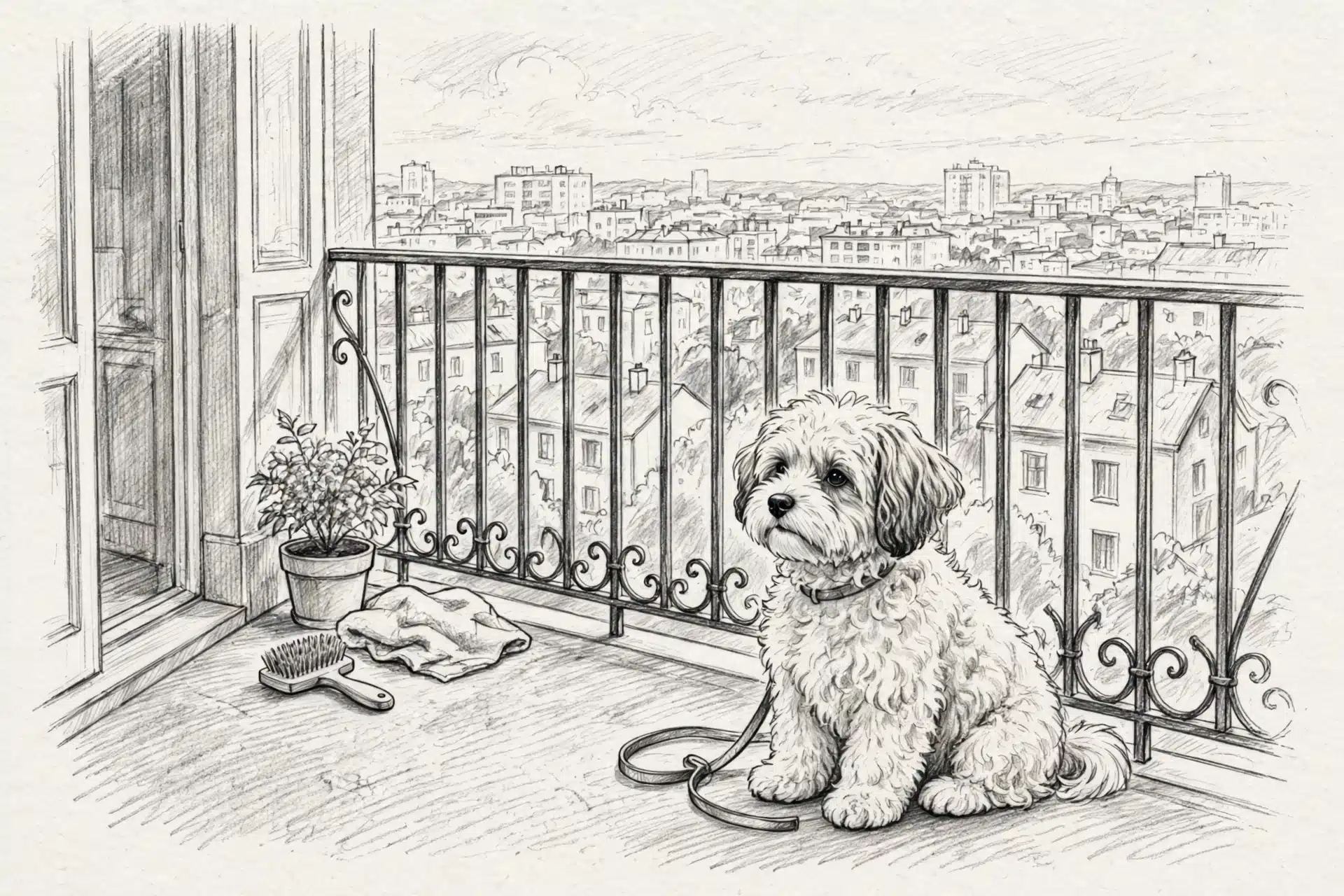 Havanese puppy calmly overlooking city buildings