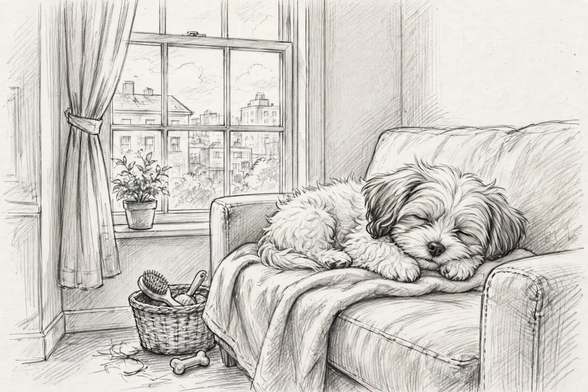 Havanese puppy resting beside an apartment window