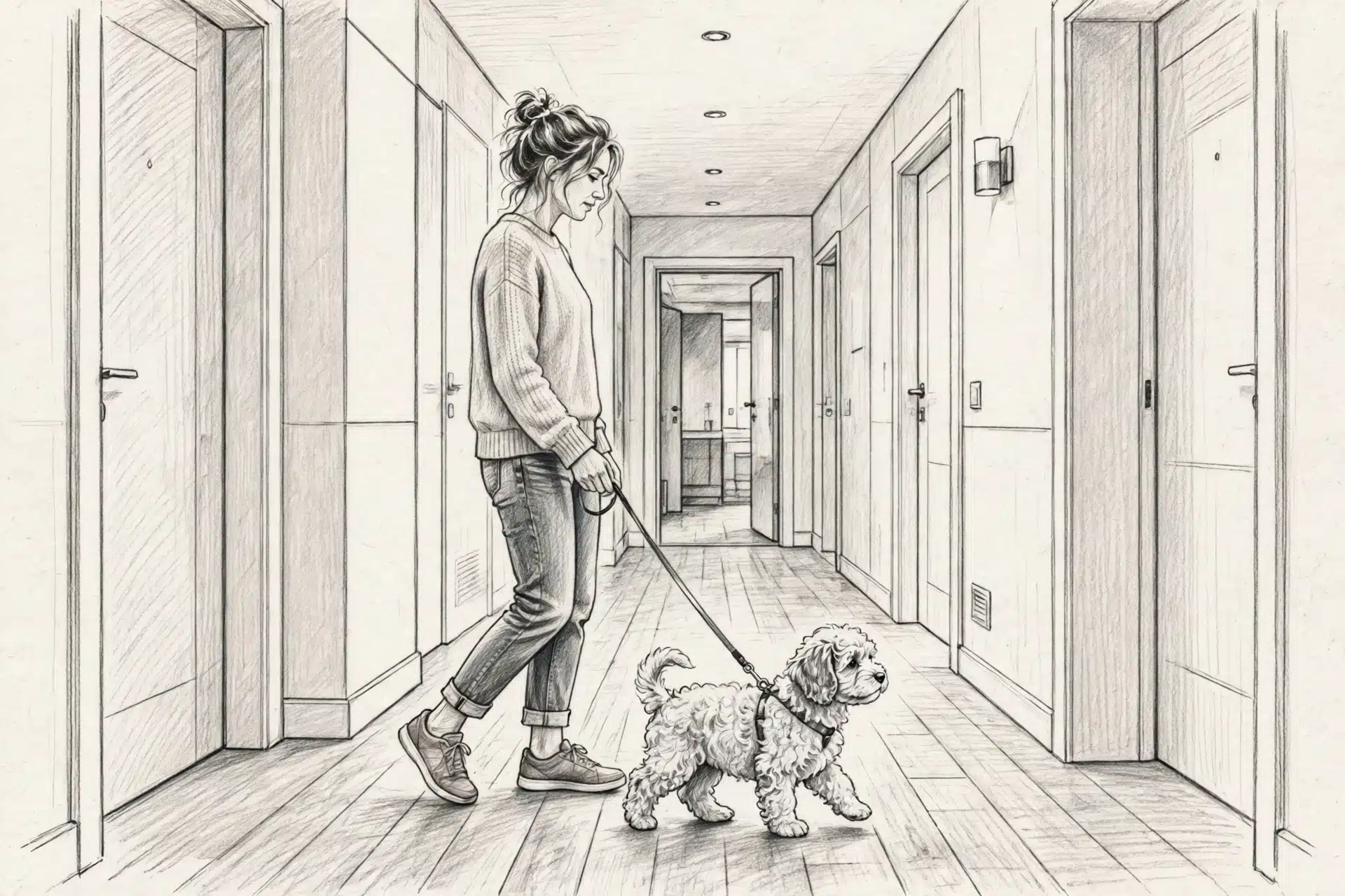 Havapoo puppy calmly walking with owner in modern apartment hallway