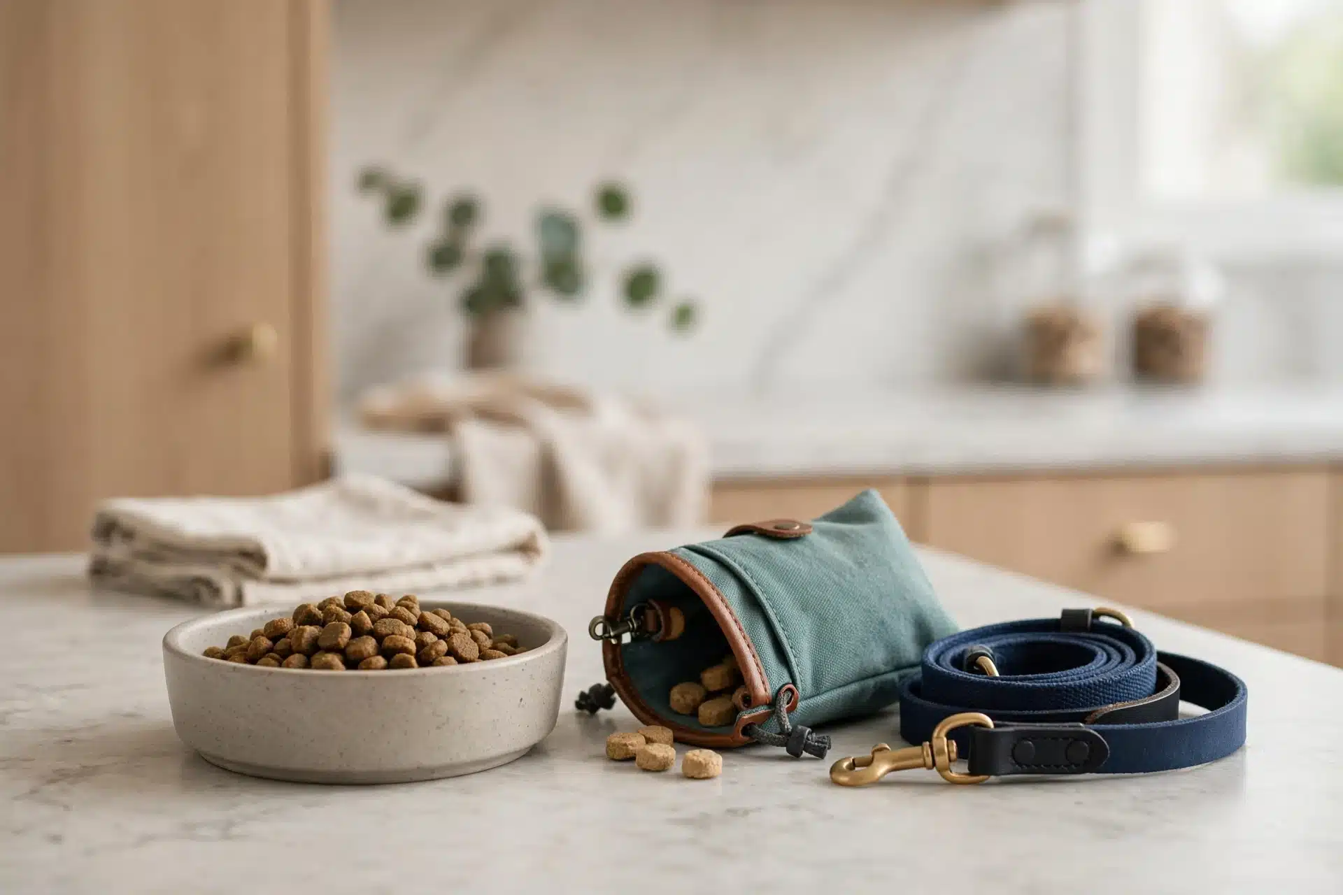 Kibble bowl, leash, and treat pouch on a kitchen counter