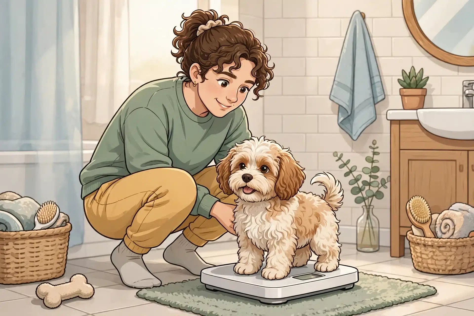 Owner weighs Havapoo puppy on bathroom scale