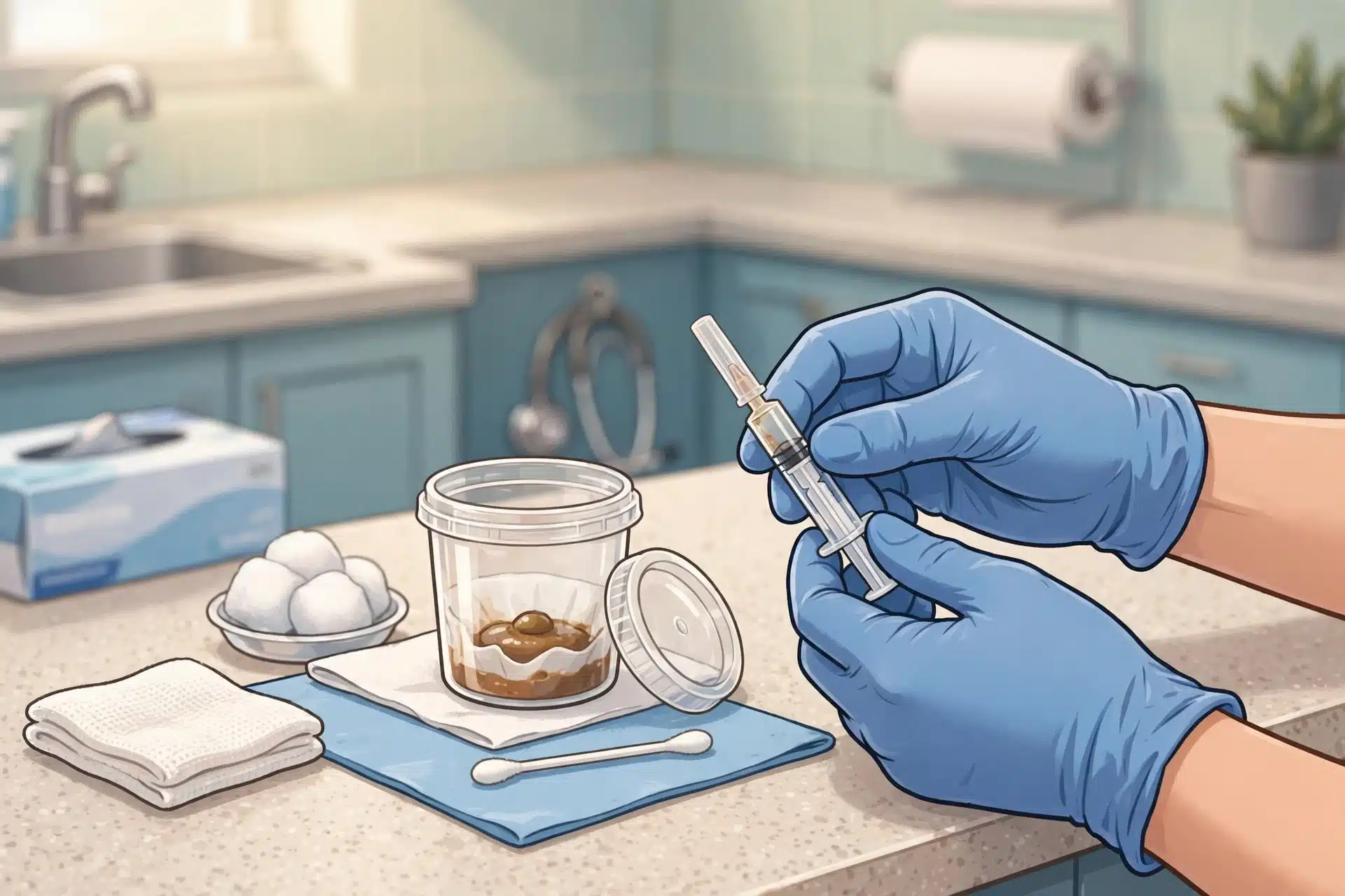 Veterinarian prepares puppy deworming syringe and fecal sample