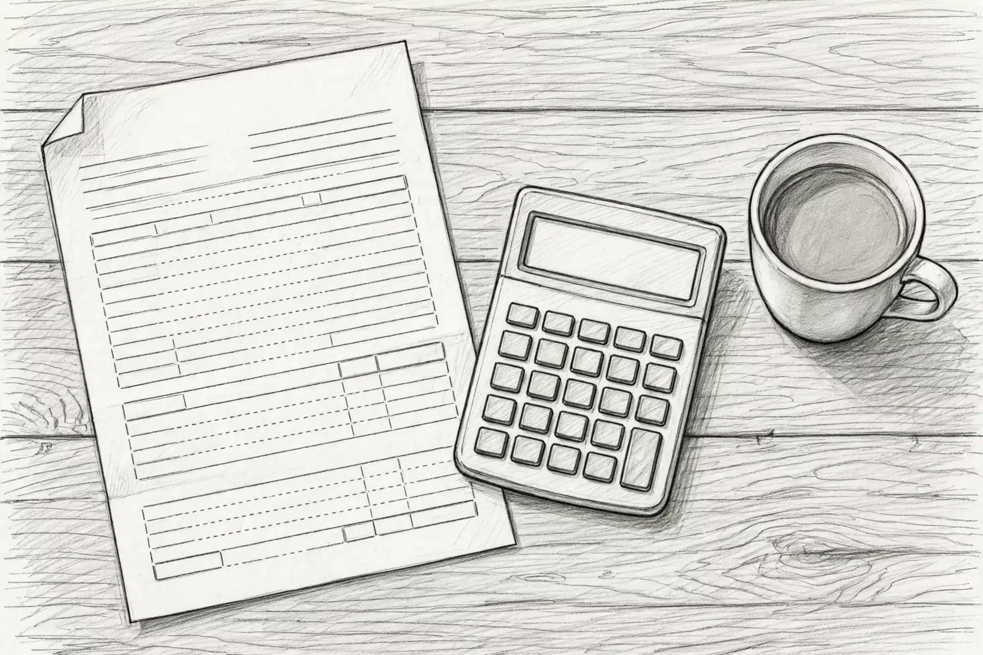 Puppy marketplace invoice, calculator, and coffee