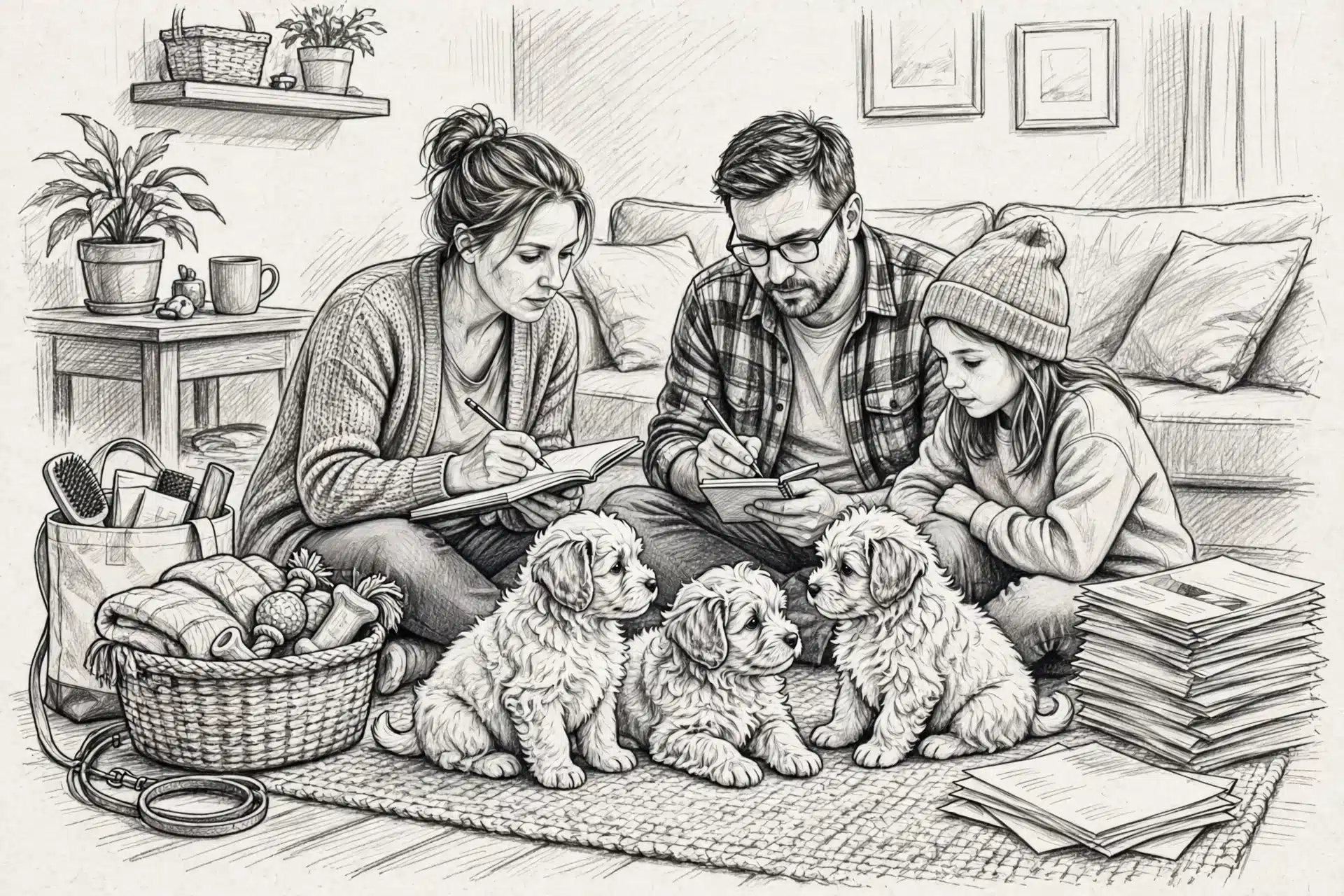Family compares breeder notes with fluffy puppies