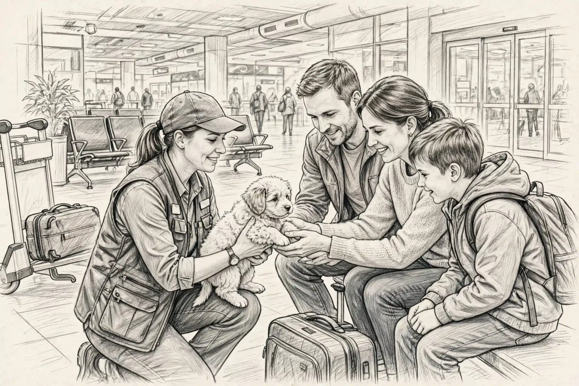 Family welcomes fluffy puppy at airport pickup