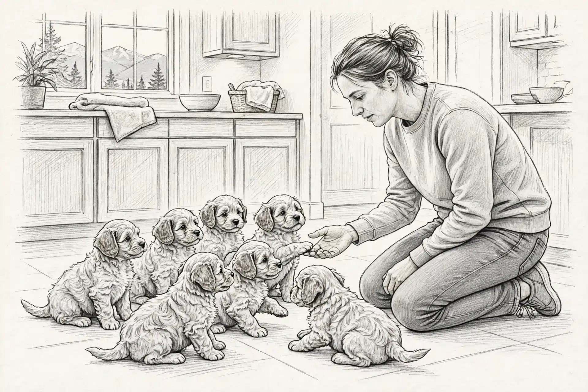 Visitor greets six Havapoo puppies in Utah kitchen