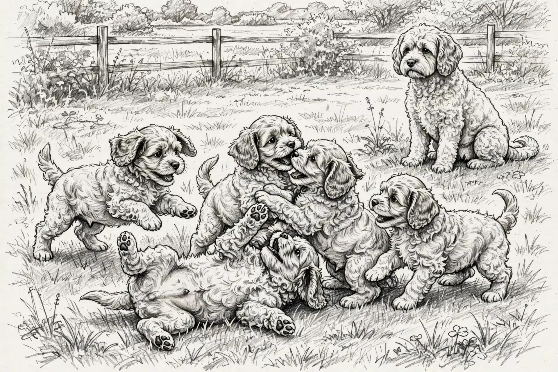 Five Havapoo puppies play in a yard as their mother watches